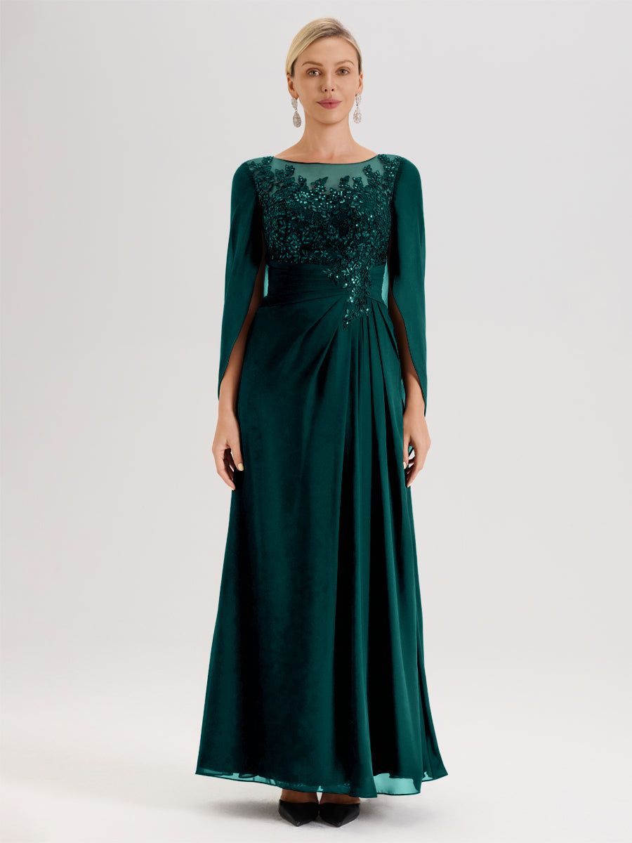 Cicinia Paon Robe De Mère De La Mariée Longue Ligne A En Dentelle Appliquée Et Mousseline À Manches Volantes Et Col Illusion