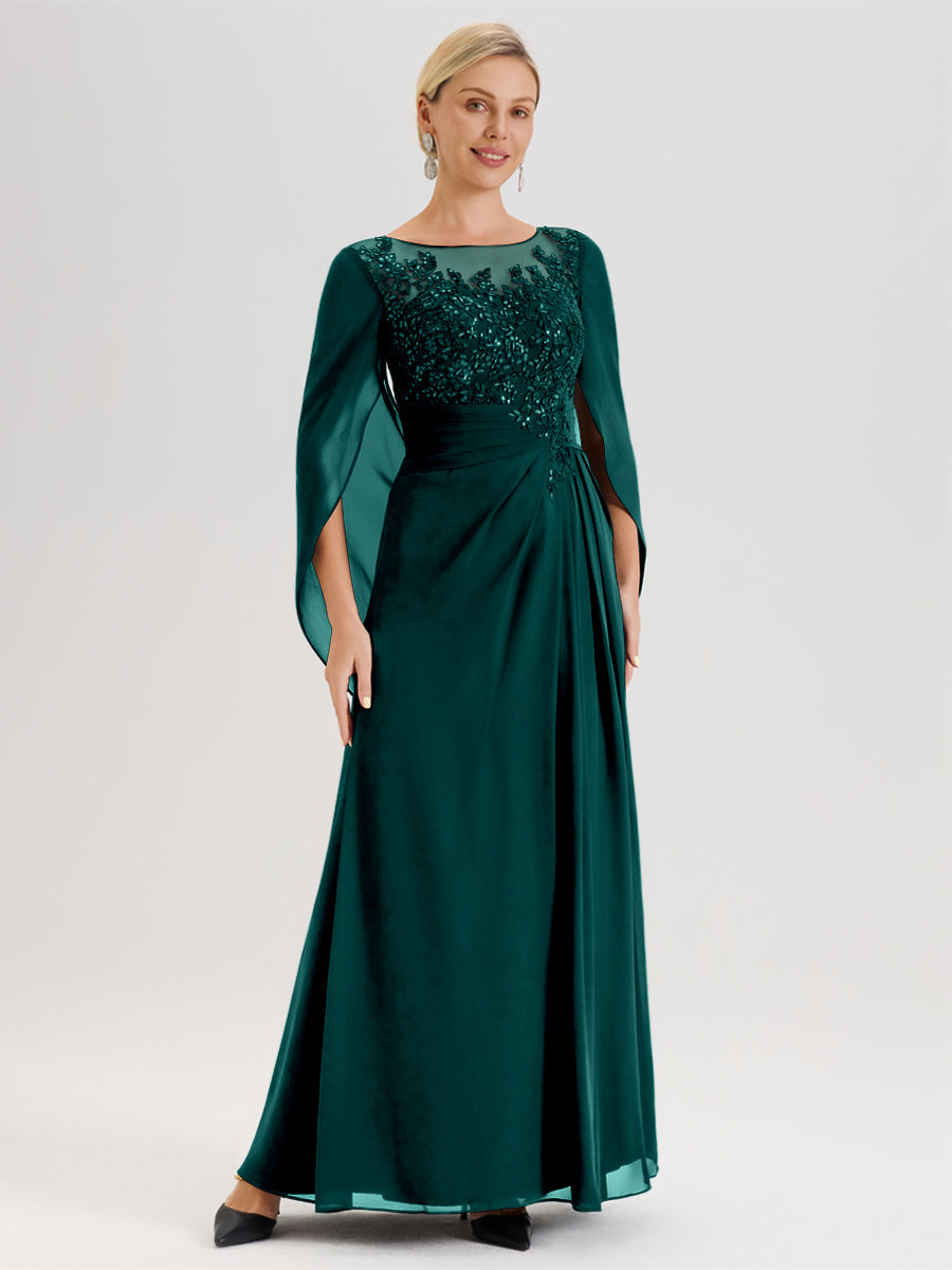 Cicinia Paon Robe De Mère De La Mariée Longue Ligne A En Dentelle Appliquée Et Mousseline À Manches Volantes Et Col Illusion