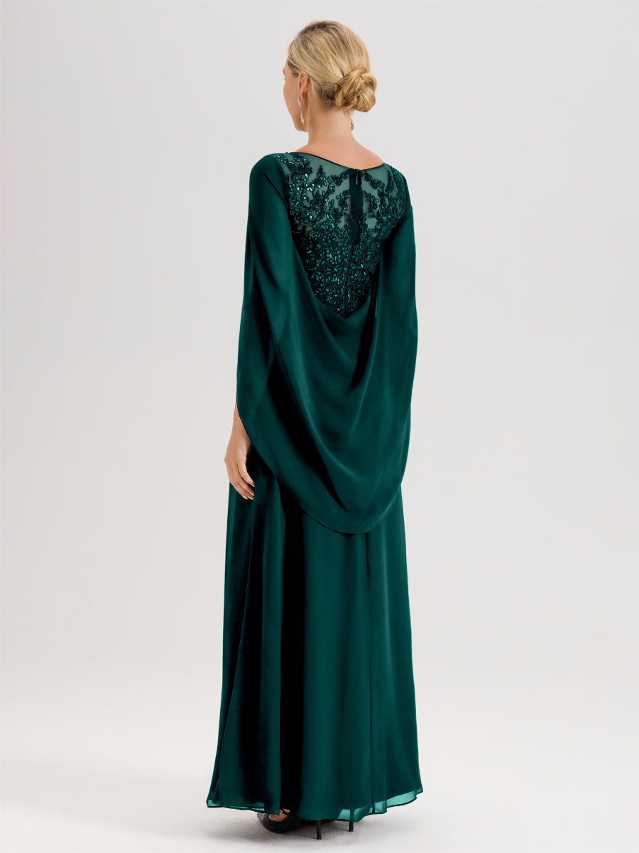Cicinia Paon Robe De Mère De La Mariée Longue Ligne A En Dentelle Appliquée Et Mousseline À Manches Volantes Et Col Illusion