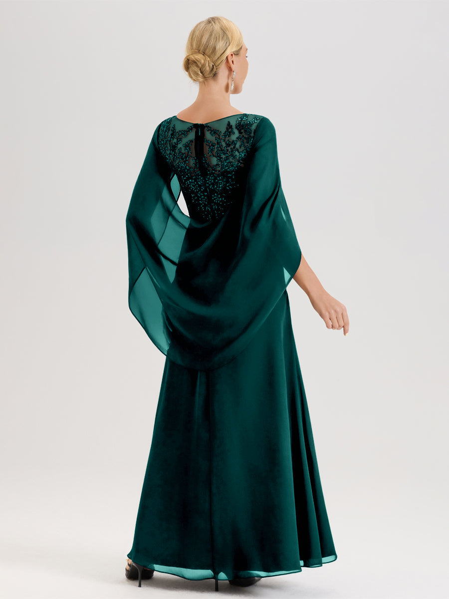 Cicinia Paon Robe De Mère De La Mariée Longue Ligne A En Dentelle Appliquée Et Mousseline À Manches Volantes Et Col Illusion