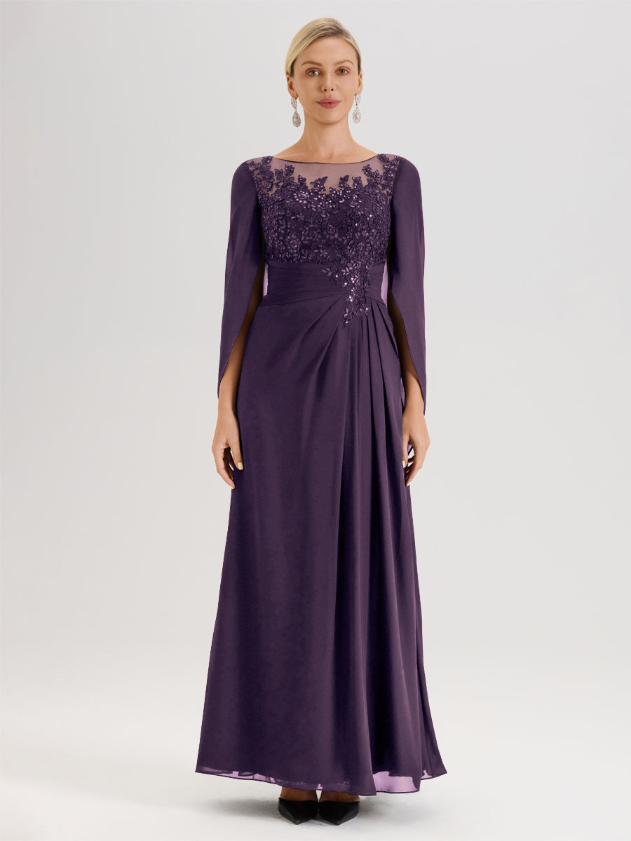 Cicinia Plum Robe De Mère De La Mariée Longue Ligne A En Dentelle Appliquée Et Mousseline À Manches Volantes Et Col Illusion