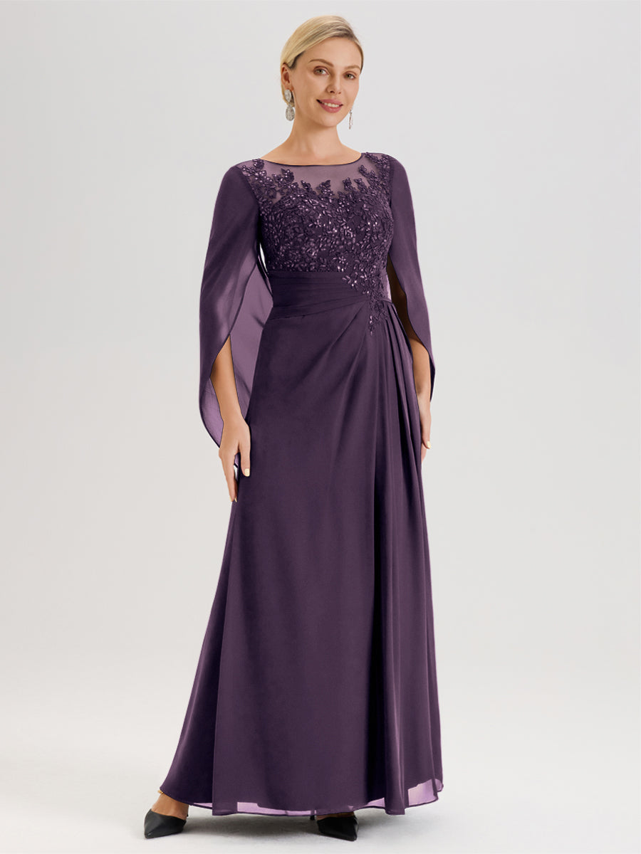 Cicinia Plum Robe De Mère De La Mariée Longue Ligne A En Dentelle Appliquée Et Mousseline À Manches Volantes Et Col Illusion