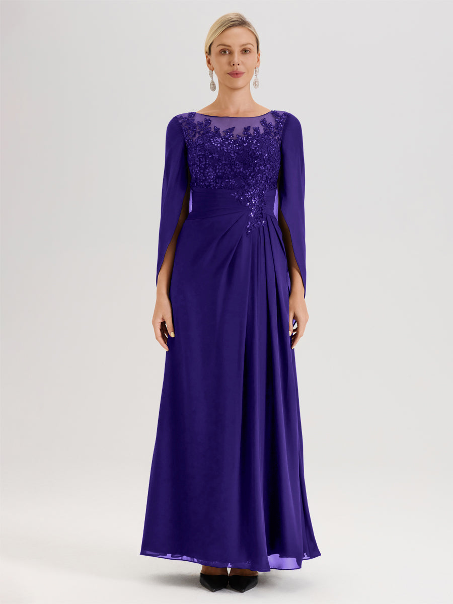 Cicinia Régence Robe De Mère De La Mariée Longue Ligne A En Dentelle Appliquée Et Mousseline À Manches Volantes Et Col Illusion