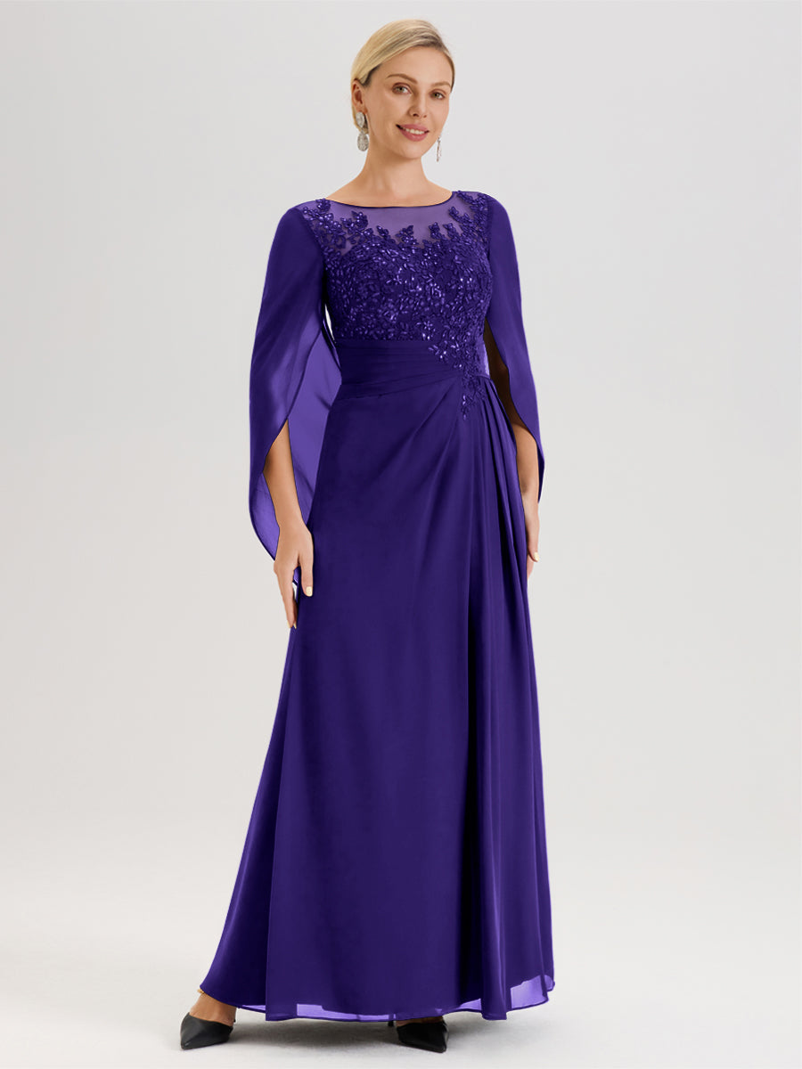 Cicinia Régence Robe De Mère De La Mariée Longue Ligne A En Dentelle Appliquée Et Mousseline À Manches Volantes Et Col Illusion