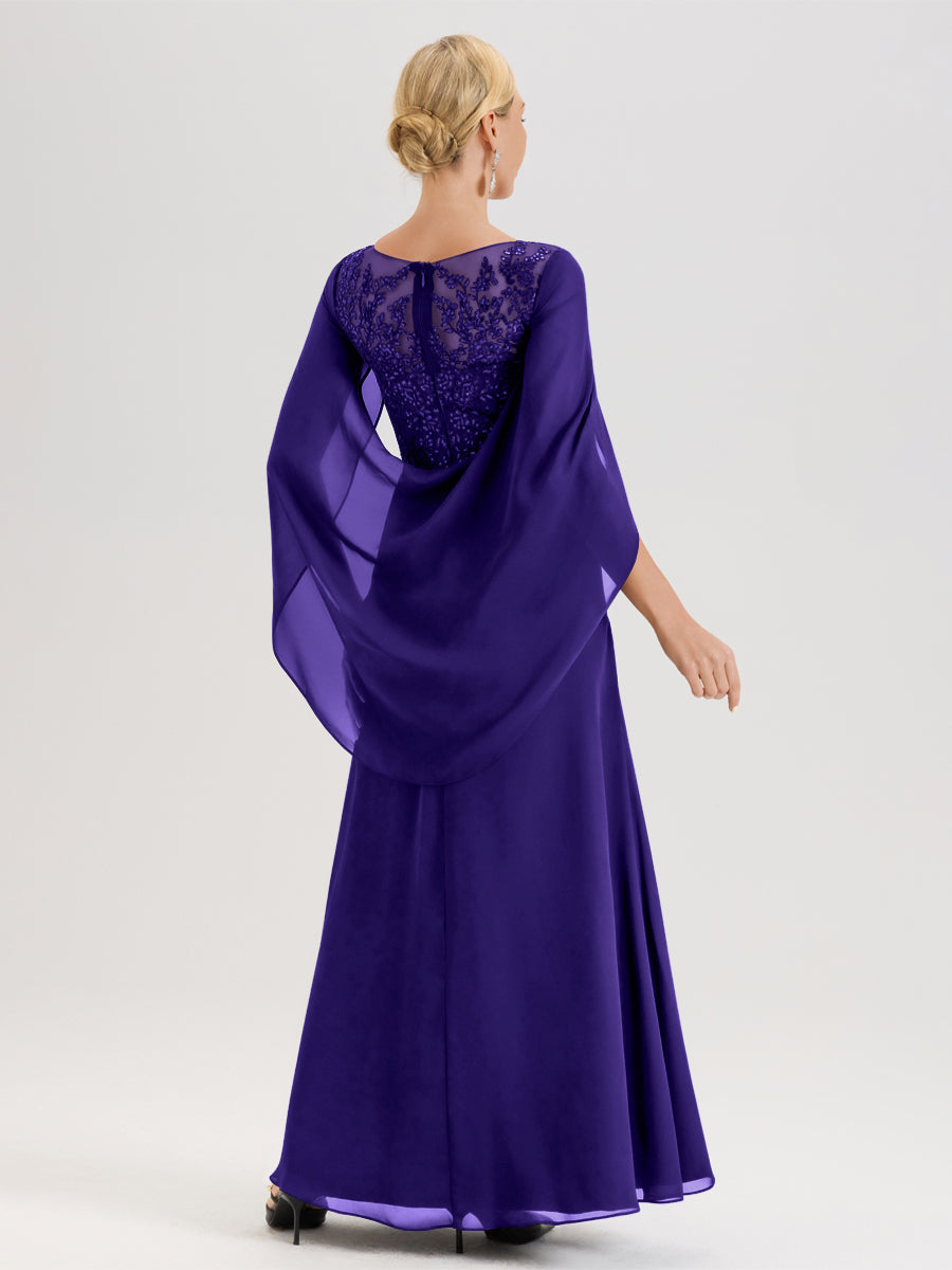 Cicinia Régence Robe De Mère De La Mariée Longue Ligne A En Dentelle Appliquée Et Mousseline À Manches Volantes Et Col Illusion