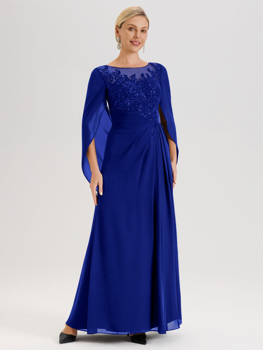 Cicinia Bleu Royale Robe De Mère De La Mariée Longue Ligne A En Dentelle Appliquée Et Mousseline À Manches Volantes Et Col Illusion