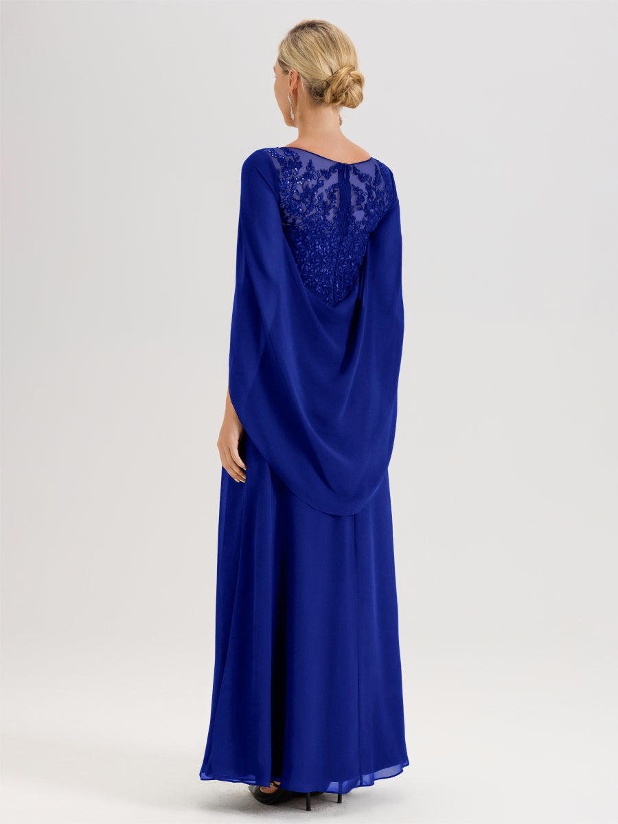 Cicinia Bleu Royale Robe De Mère De La Mariée Longue Ligne A En Dentelle Appliquée Et Mousseline À Manches Volantes Et Col Illusion