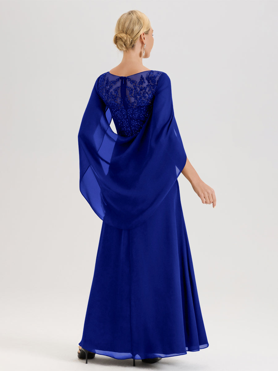 Cicinia Bleu Royale Robe De Mère De La Mariée Longue Ligne A En Dentelle Appliquée Et Mousseline À Manches Volantes Et Col Illusion