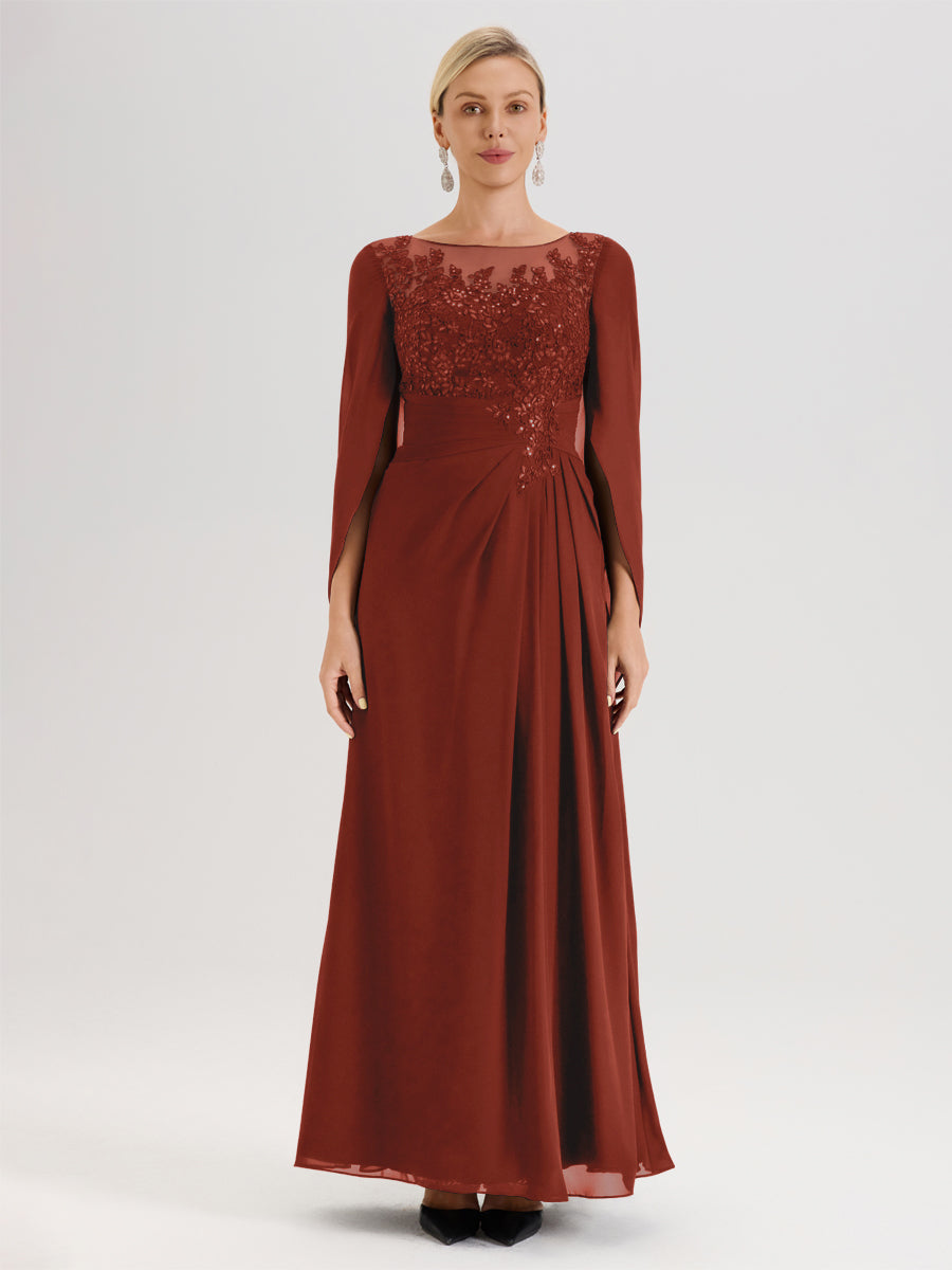 Cicinia Rouille Robe De Mère De La Mariée Longue Ligne A En Dentelle Appliquée Et Mousseline À Manches Volantes Et Col Illusion