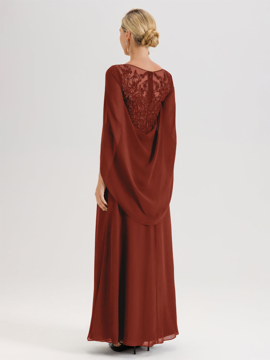 Cicinia Rouille Robe De Mère De La Mariée Longue Ligne A En Dentelle Appliquée Et Mousseline À Manches Volantes Et Col Illusion