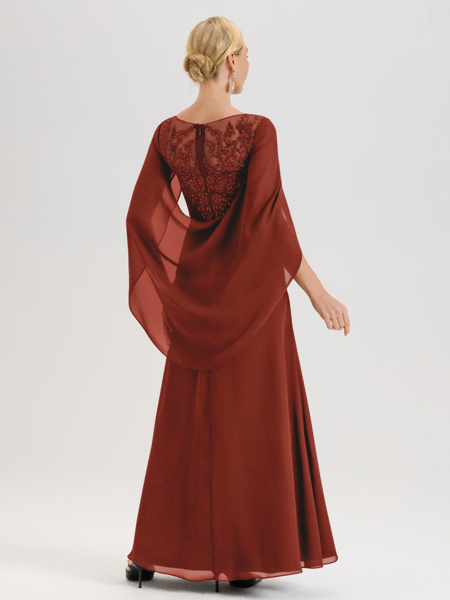 Cicinia Rouille Robe De Mère De La Mariée Longue Ligne A En Dentelle Appliquée Et Mousseline À Manches Volantes Et Col Illusion