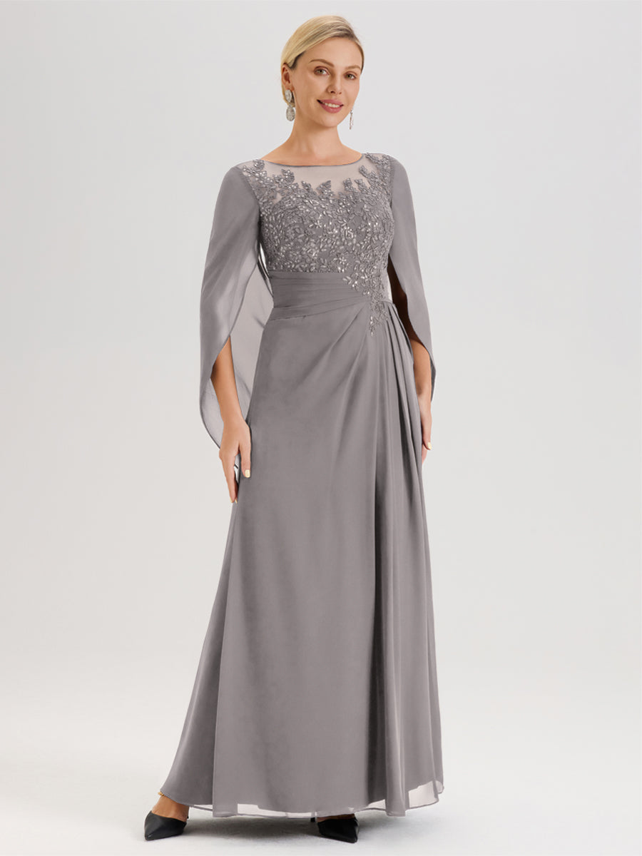 Cicinia Argent Robe De Mère De La Mariée Longue Ligne A En Dentelle Appliquée Et Mousseline À Manches Volantes Et Col Illusion