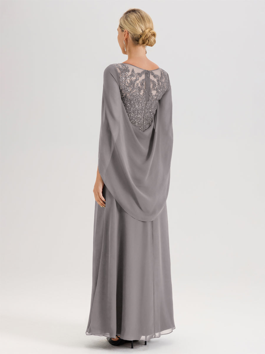 Cicinia Argent Robe De Mère De La Mariée Longue Ligne A En Dentelle Appliquée Et Mousseline À Manches Volantes Et Col Illusion