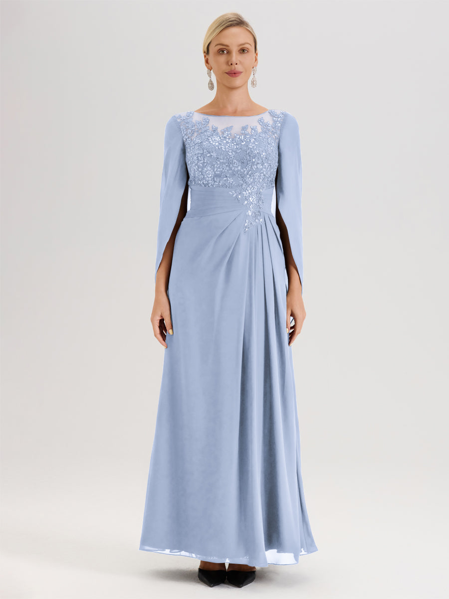 Cicinia Bleu Ciel Robe De Mère De La Mariée Longue Ligne A En Dentelle Appliquée Et Mousseline À Manches Volantes Et Col Illusion