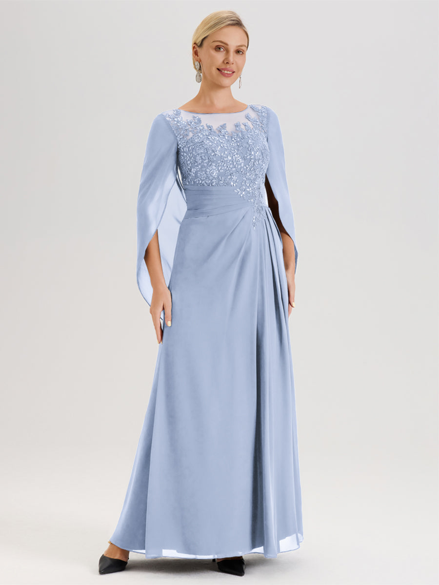 Cicinia Bleu Ciel Robe De Mère De La Mariée Longue Ligne A En Dentelle Appliquée Et Mousseline À Manches Volantes Et Col Illusion