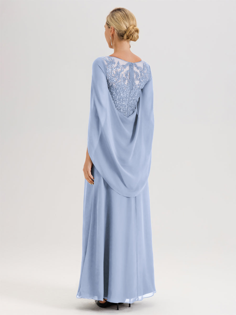 Cicinia Bleu Ciel Robe De Mère De La Mariée Longue Ligne A En Dentelle Appliquée Et Mousseline À Manches Volantes Et Col Illusion