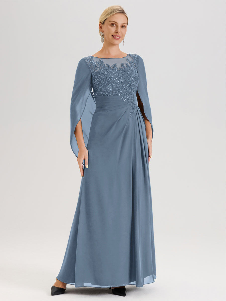 Cicinia Bleu De Schiste Robe De Mère De La Mariée Longue Ligne A En Dentelle Appliquée Et Mousseline À Manches Volantes Et Col Illusion