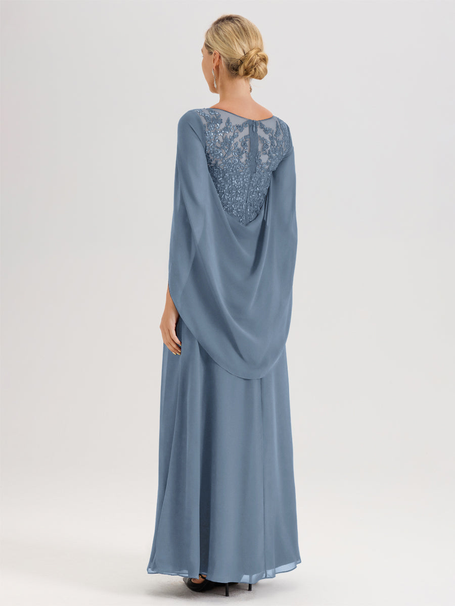 Cicinia Bleu De Schiste Robe De Mère De La Mariée Longue Ligne A En Dentelle Appliquée Et Mousseline À Manches Volantes Et Col Illusion