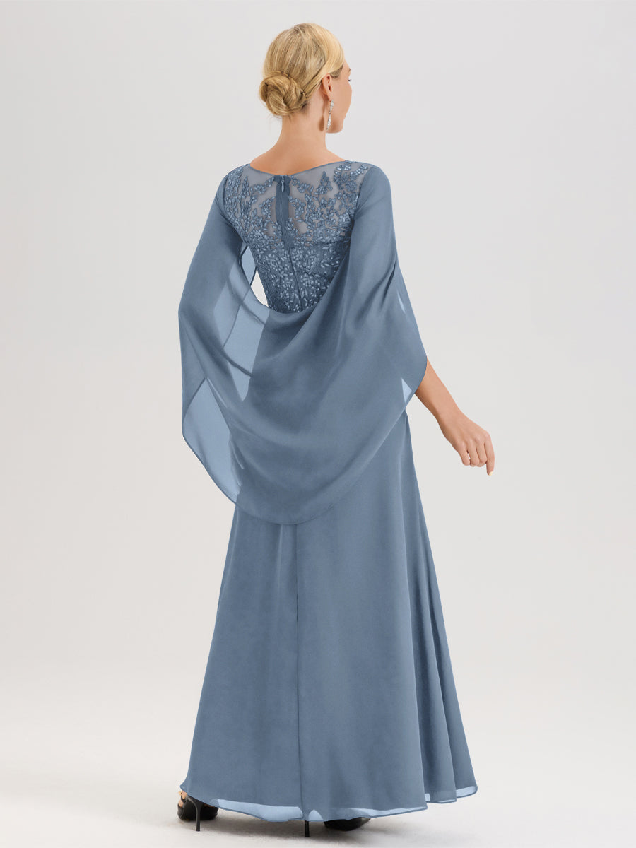 Cicinia Bleu De Schiste Robe De Mère De La Mariée Longue Ligne A En Dentelle Appliquée Et Mousseline À Manches Volantes Et Col Illusion