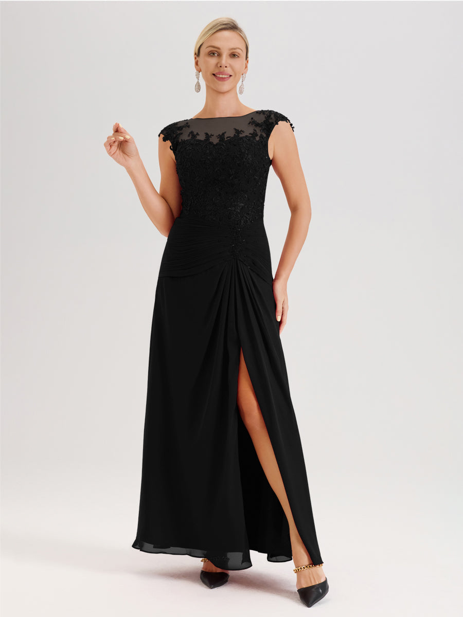 Cicinia Noir Robe De Mère De La Mariée Longue Ligne A En Dentelle Et Mousseline À Col Ras Du Cou Et Sans Manches