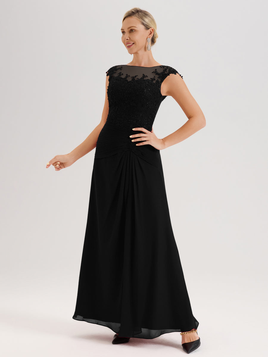 Cicinia Noir Robe De Mère De La Mariée Longue Ligne A En Dentelle Et Mousseline À Col Ras Du Cou Et Sans Manches