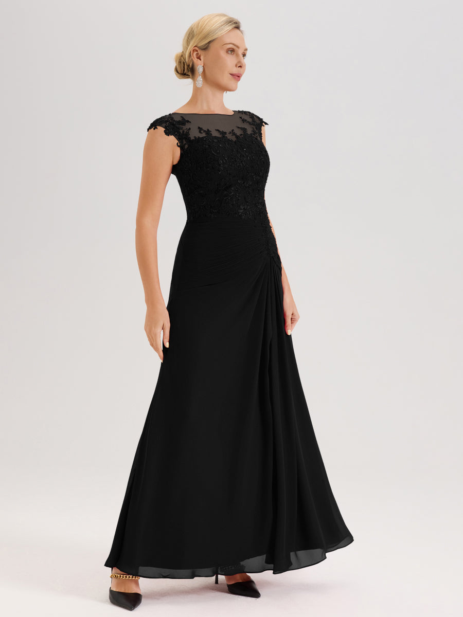 Cicinia Noir Robe De Mère De La Mariée Longue Ligne A En Dentelle Et Mousseline À Col Ras Du Cou Et Sans Manches
