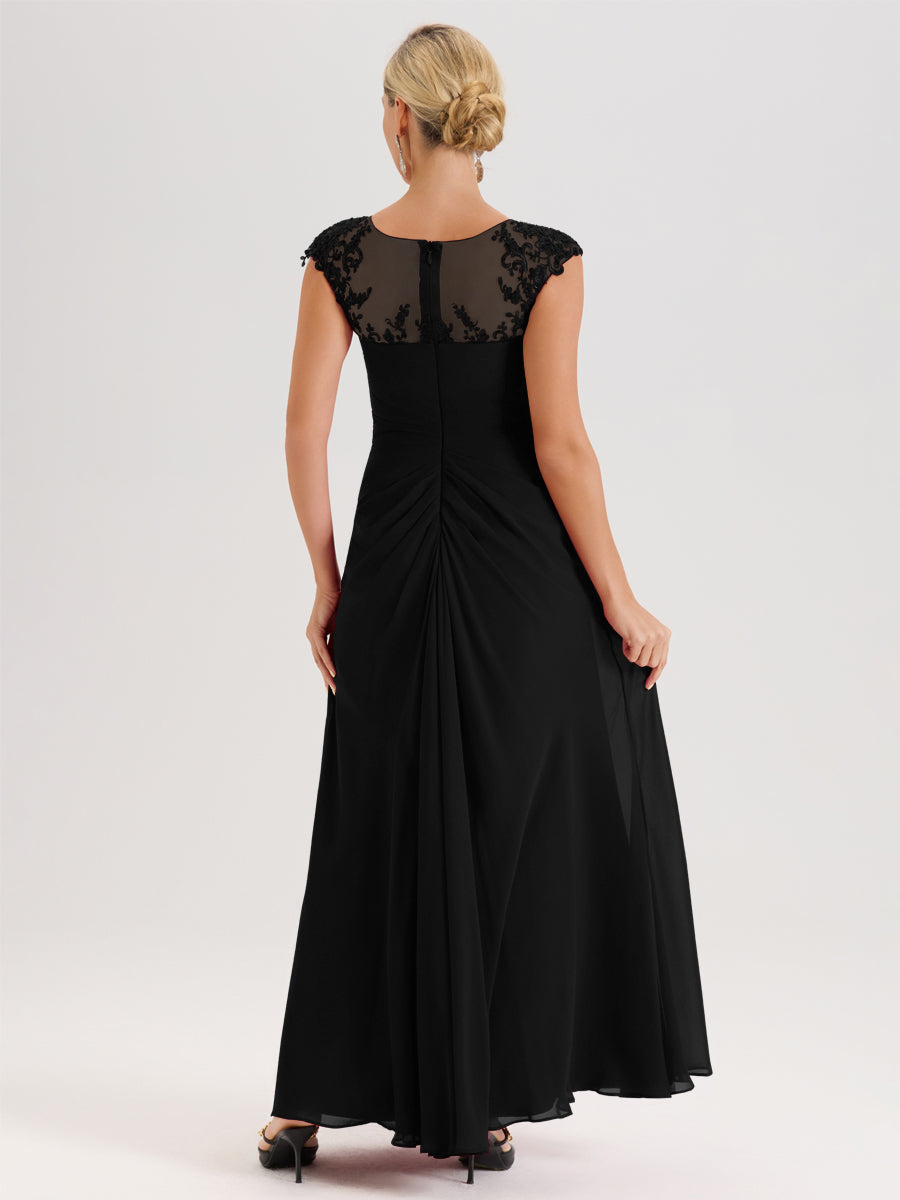 Cicinia Noir Robe De Mère De La Mariée Longue Ligne A En Dentelle Et Mousseline À Col Ras Du Cou Et Sans Manches