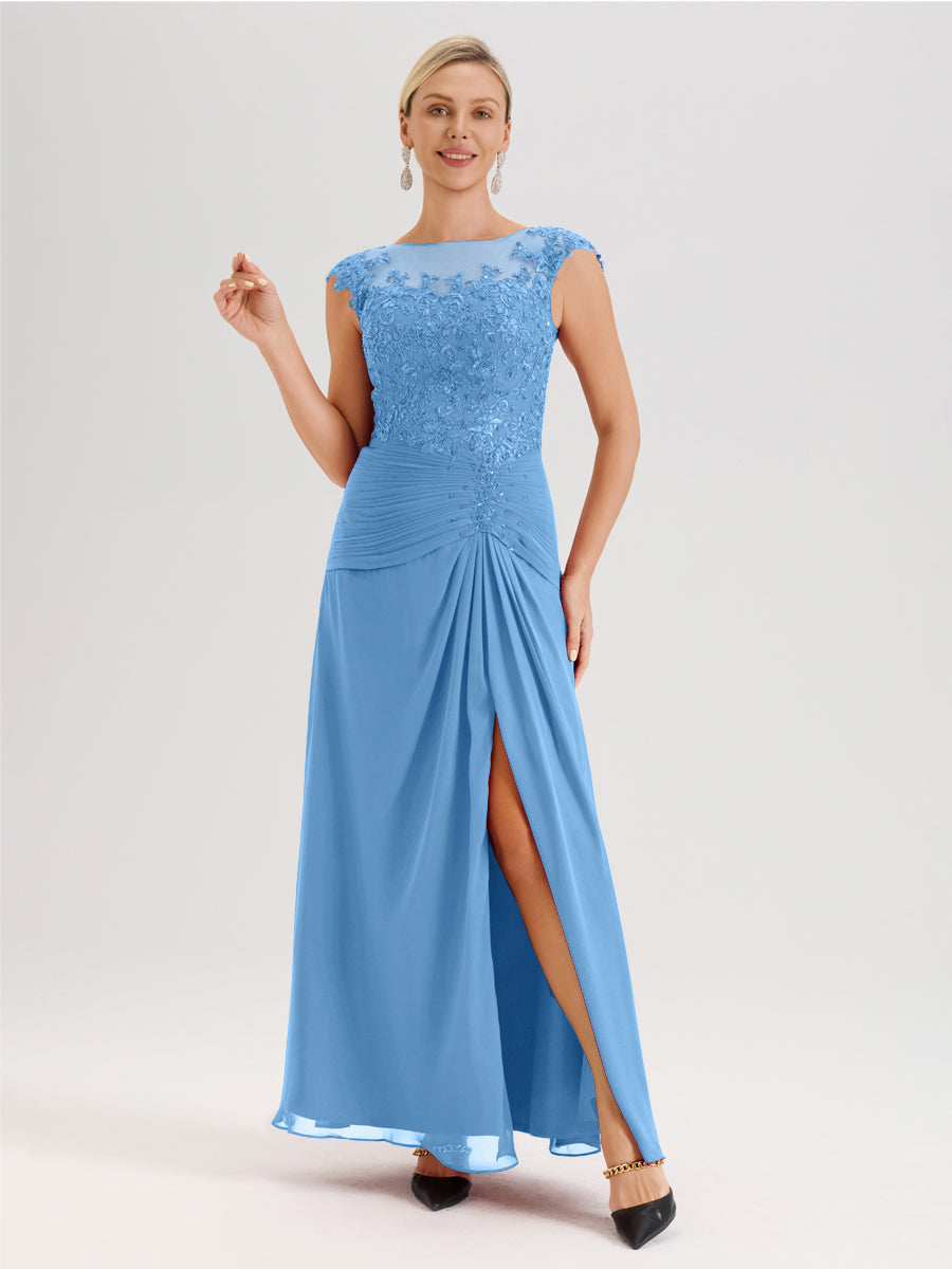 Cicinia Bleu Robe De Mère De La Mariée Longue Ligne A En Dentelle Et Mousseline À Col Ras Du Cou Et Sans Manches