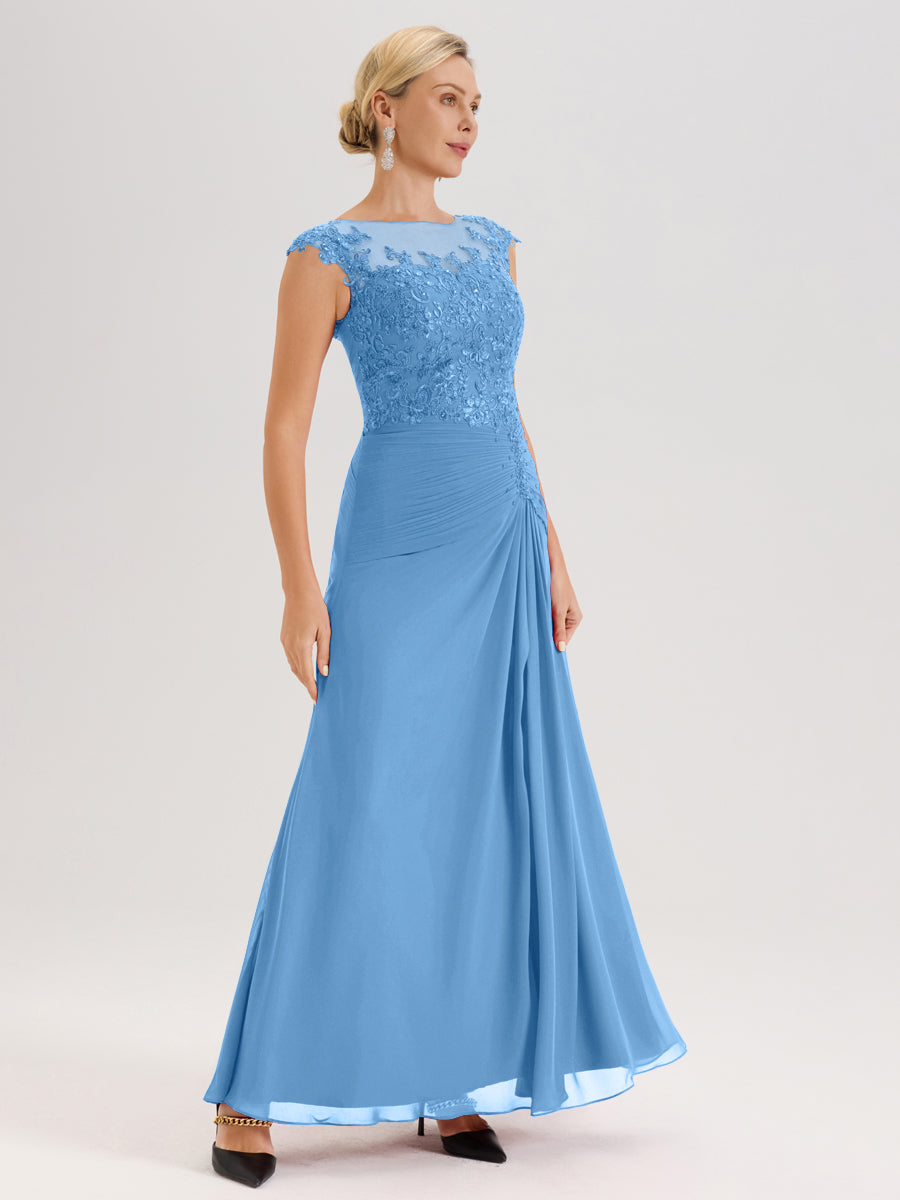 Cicinia Bleu Robe De Mère De La Mariée Longue Ligne A En Dentelle Et Mousseline À Col Ras Du Cou Et Sans Manches