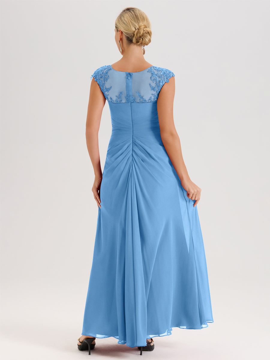 Cicinia Bleu Robe De Mère De La Mariée Longue Ligne A En Dentelle Et Mousseline À Col Ras Du Cou Et Sans Manches