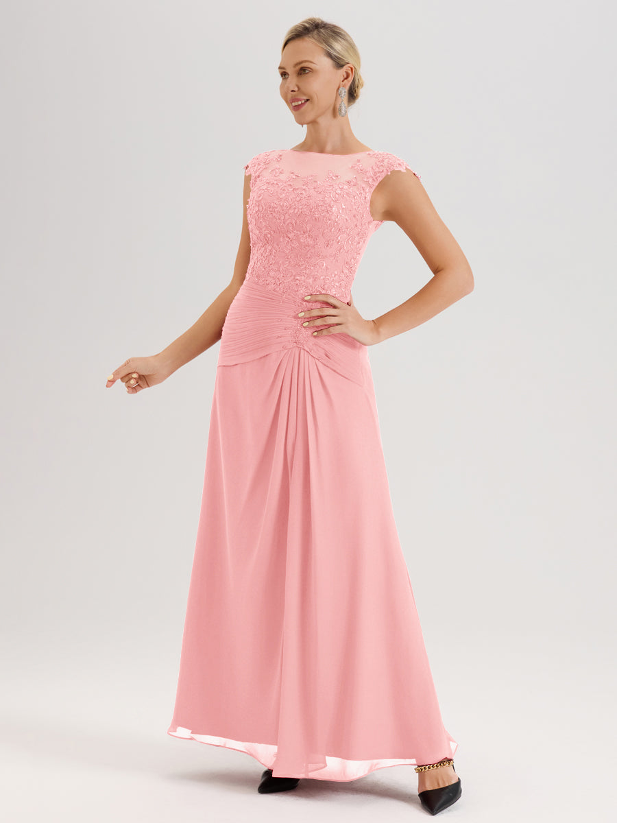 Cicinia Rose Robe De Mère De La Mariée Longue Ligne A En Dentelle Et Mousseline À Col Ras Du Cou Et Sans Manches