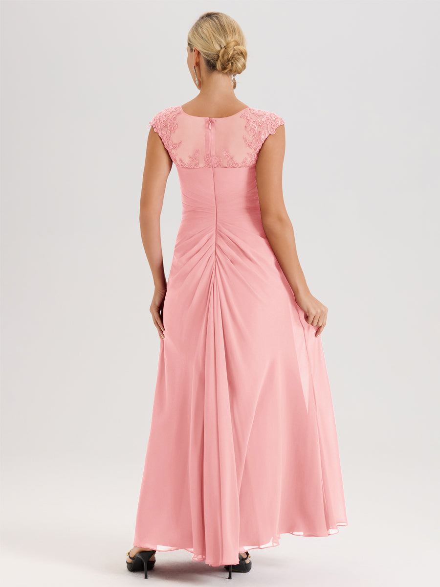 Cicinia Rose Robe De Mère De La Mariée Longue Ligne A En Dentelle Et Mousseline À Col Ras Du Cou Et Sans Manches
