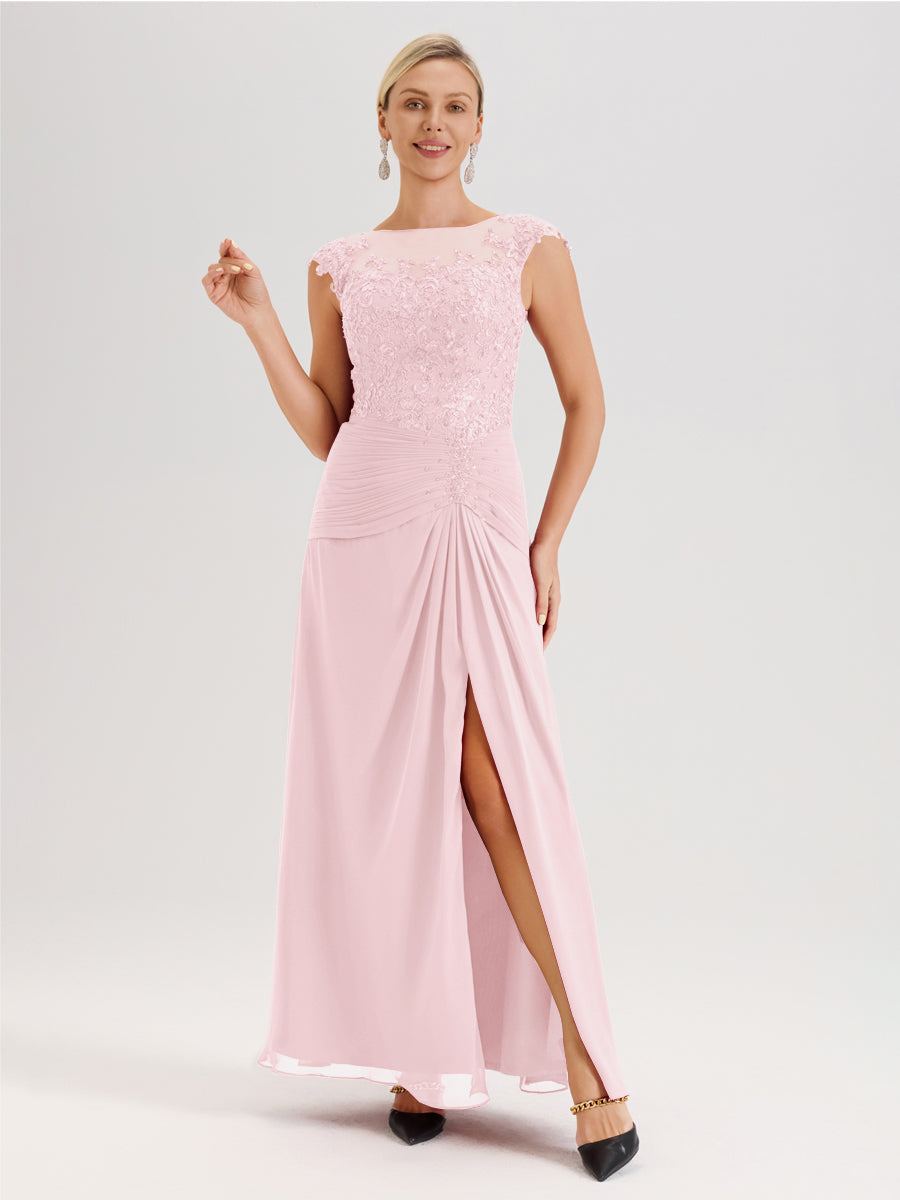 Cicinia Rose Pâle Robe De Mère De La Mariée Longue Ligne A En Dentelle Et Mousseline À Col Ras Du Cou Et Sans Manches