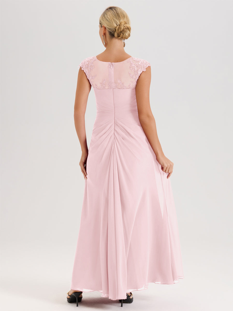 Cicinia Rose Pâle Robe De Mère De La Mariée Longue Ligne A En Dentelle Et Mousseline À Col Ras Du Cou Et Sans Manches