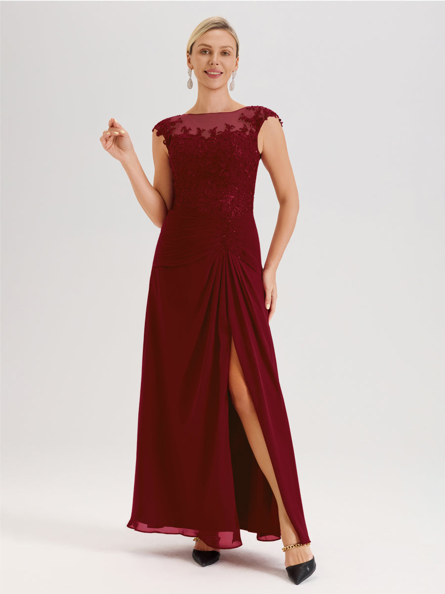 Cicinia Bordeaux Robe De Mère De La Mariée Longue Ligne A En Dentelle Et Mousseline À Col Ras Du Cou Et Sans Manches