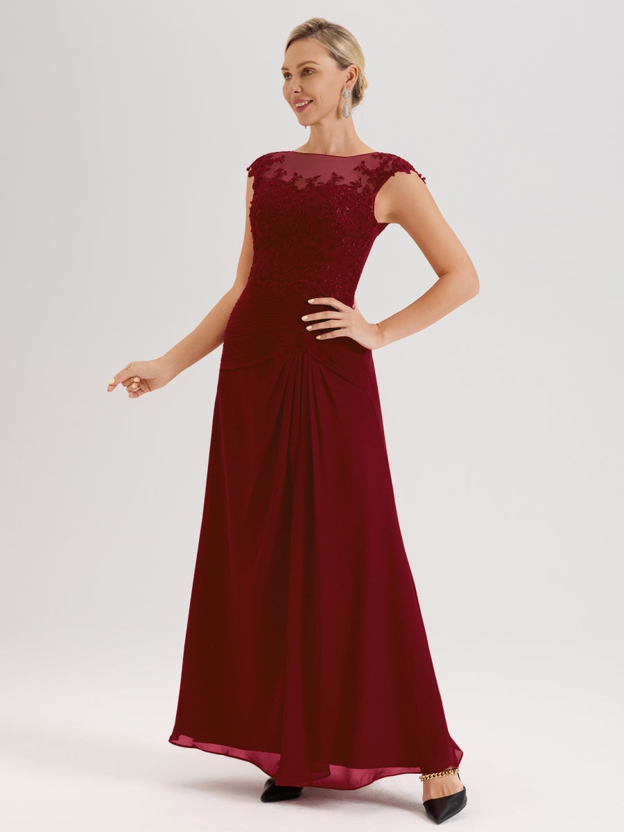 Cicinia Bordeaux Robe De Mère De La Mariée Longue Ligne A En Dentelle Et Mousseline À Col Ras Du Cou Et Sans Manches