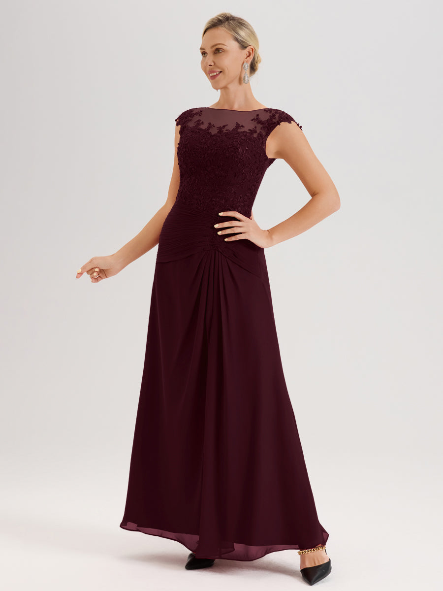 Cicinia Cabernet Robe De Mère De La Mariée Longue Ligne A En Dentelle Et Mousseline À Col Ras Du Cou Et Sans Manches