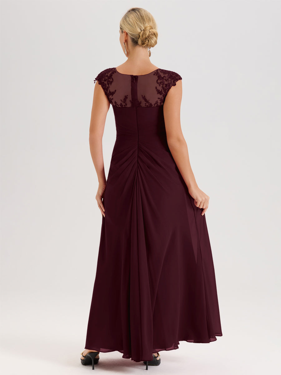 Cicinia Cabernet Robe De Mère De La Mariée Longue Ligne A En Dentelle Et Mousseline À Col Ras Du Cou Et Sans Manches