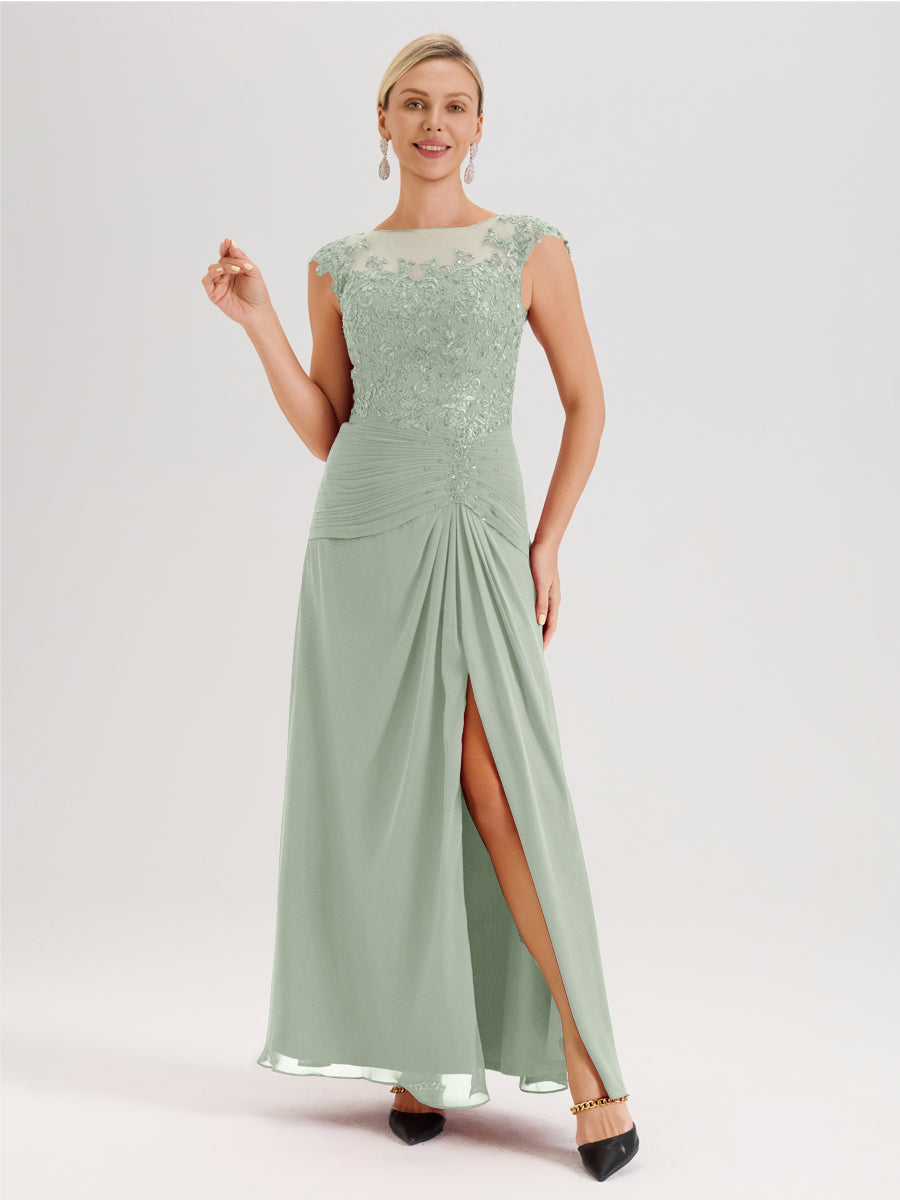 Cicinia Celadon Robe De Mère De La Mariée Longue Ligne A En Dentelle Et Mousseline À Col Ras Du Cou Et Sans Manches