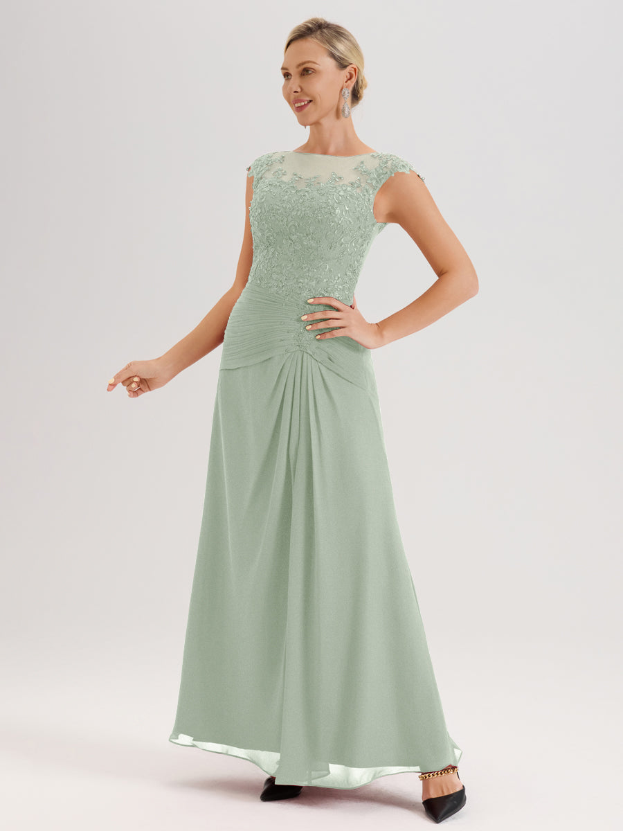 Cicinia Celadon Robe De Mère De La Mariée Longue Ligne A En Dentelle Et Mousseline À Col Ras Du Cou Et Sans Manches