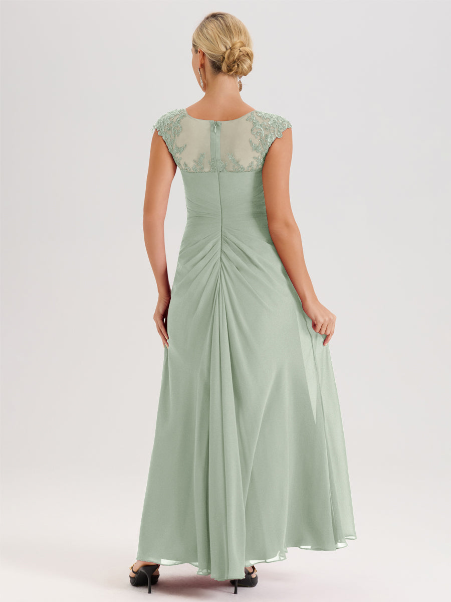 Cicinia Celadon Robe De Mère De La Mariée Longue Ligne A En Dentelle Et Mousseline À Col Ras Du Cou Et Sans Manches