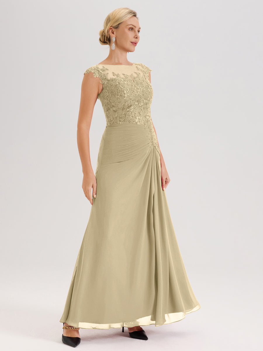 Cicinia Champagne Robe De Mère De La Mariée Longue Ligne A En Dentelle Et Mousseline À Col Ras Du Cou Et Sans Manches