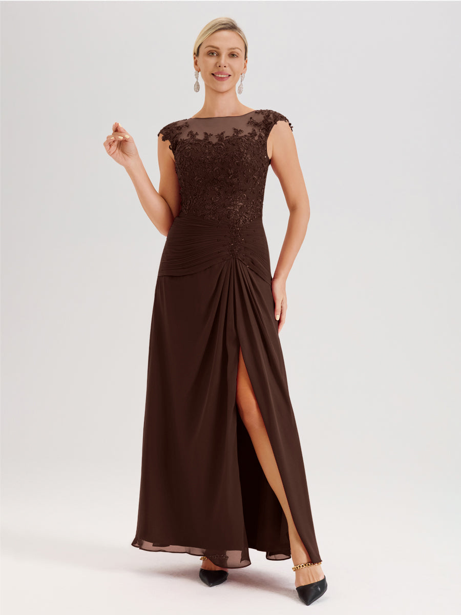 Cicinia Chocolat Robe De Mère De La Mariée Longue Ligne A En Dentelle Et Mousseline À Col Ras Du Cou Et Sans Manches