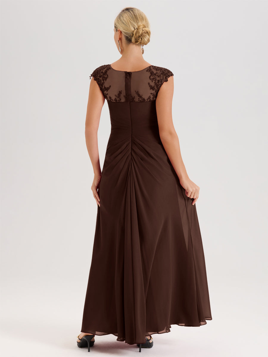 Cicinia Chocolat Robe De Mère De La Mariée Longue Ligne A En Dentelle Et Mousseline À Col Ras Du Cou Et Sans Manches