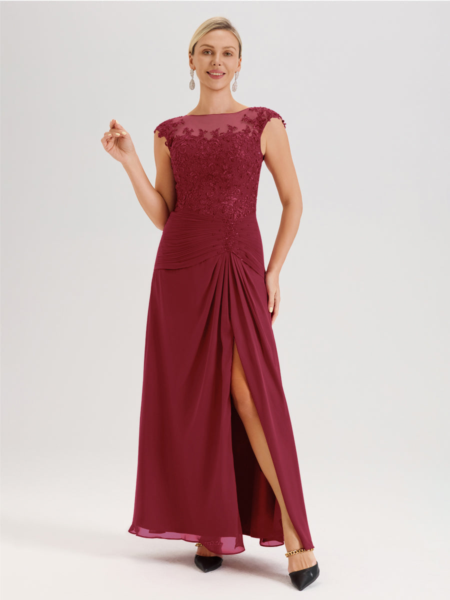 Cicinia Rose Cannelle Robe De Mère De La Mariée Longue Ligne A En Dentelle Et Mousseline À Col Ras Du Cou Et Sans Manches