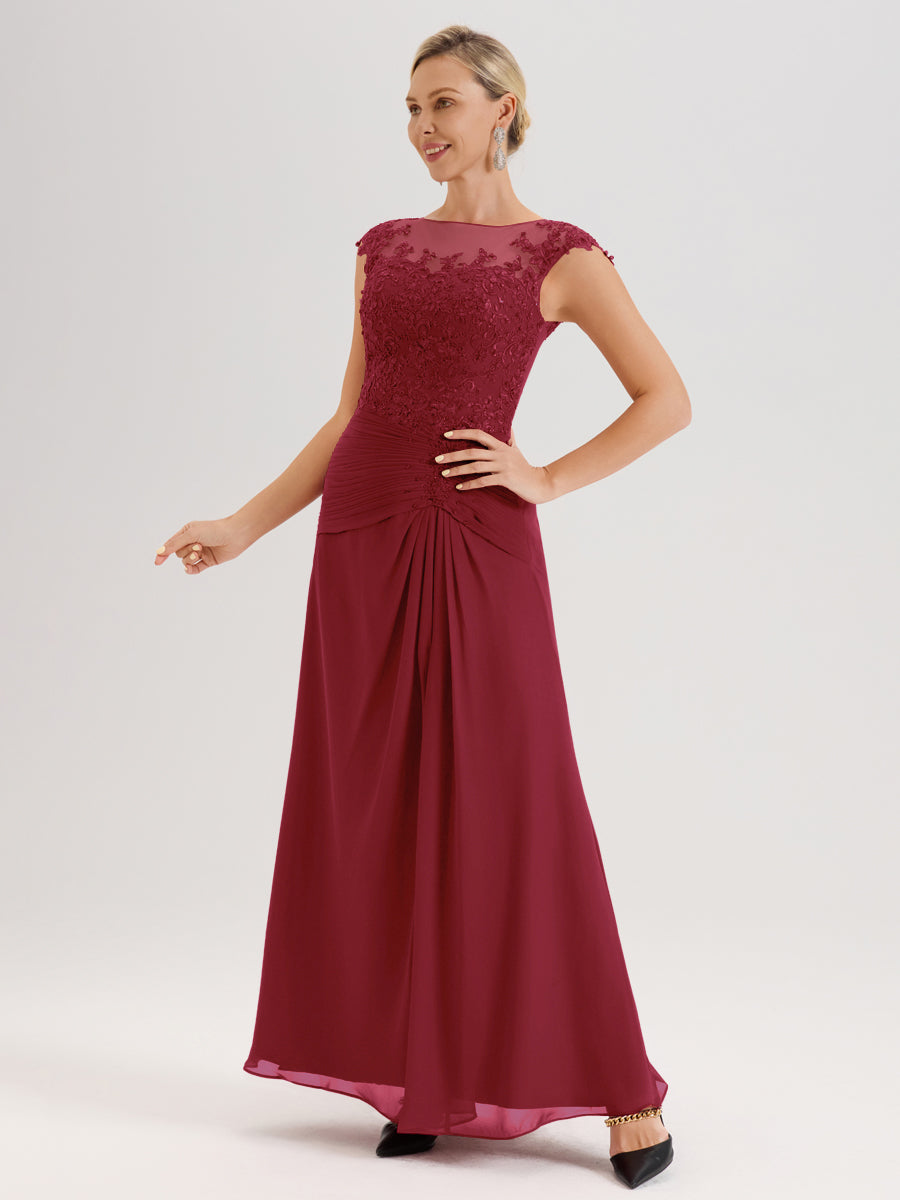 Cicinia Rose Cannelle Robe De Mère De La Mariée Longue Ligne A En Dentelle Et Mousseline À Col Ras Du Cou Et Sans Manches