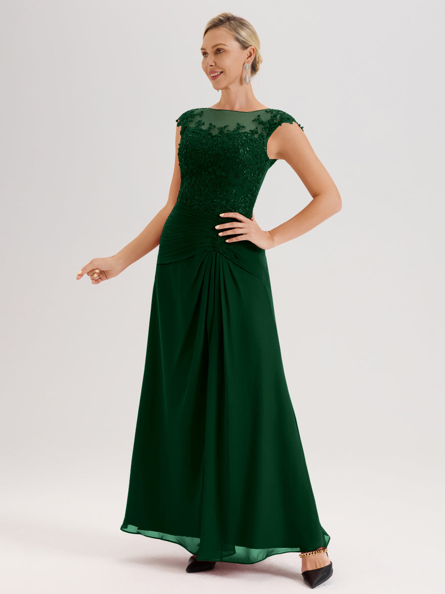 Cicinia Vert Foncé Robe De Mère De La Mariée Longue Ligne A En Dentelle Et Mousseline À Col Ras Du Cou Et Sans Manches