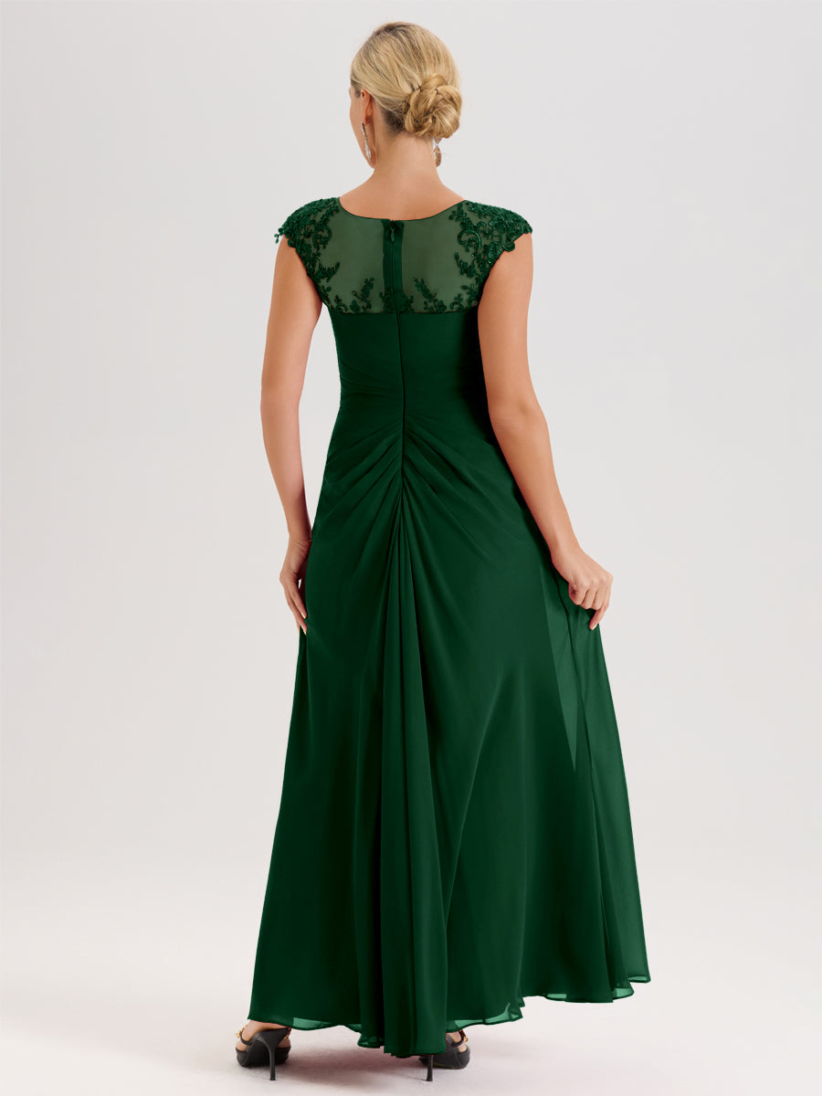 Cicinia Vert Foncé Robe De Mère De La Mariée Longue Ligne A En Dentelle Et Mousseline À Col Ras Du Cou Et Sans Manches