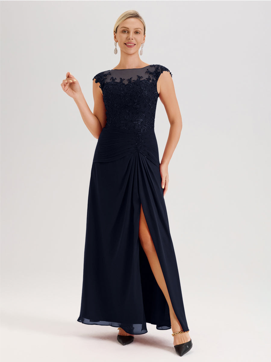 Cicinia Bleu Marine Robe De Mère De La Mariée Longue Ligne A En Dentelle Et Mousseline À Col Ras Du Cou Et Sans Manches