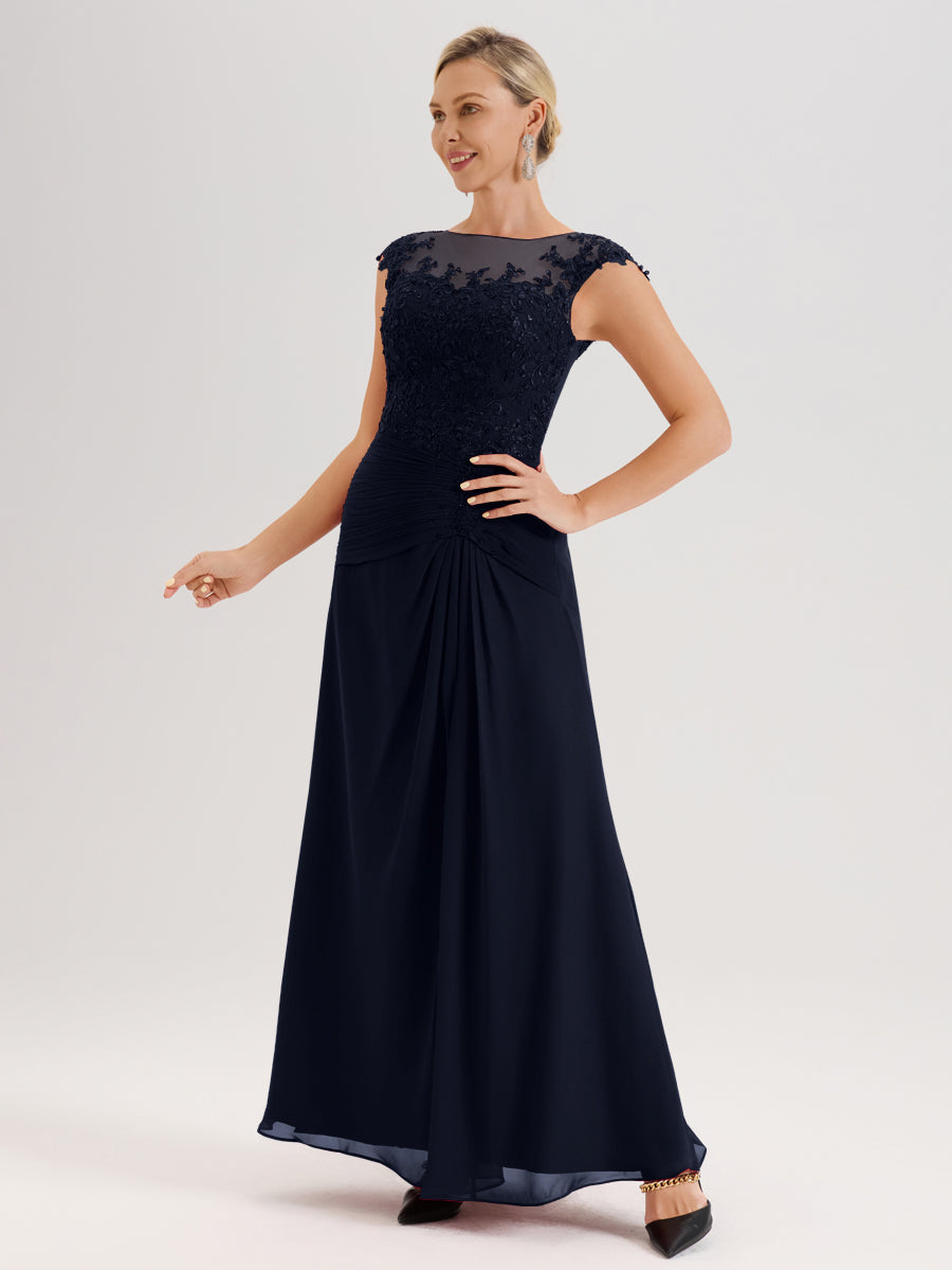 Cicinia Bleu Marine Robe De Mère De La Mariée Longue Ligne A En Dentelle Et Mousseline À Col Ras Du Cou Et Sans Manches